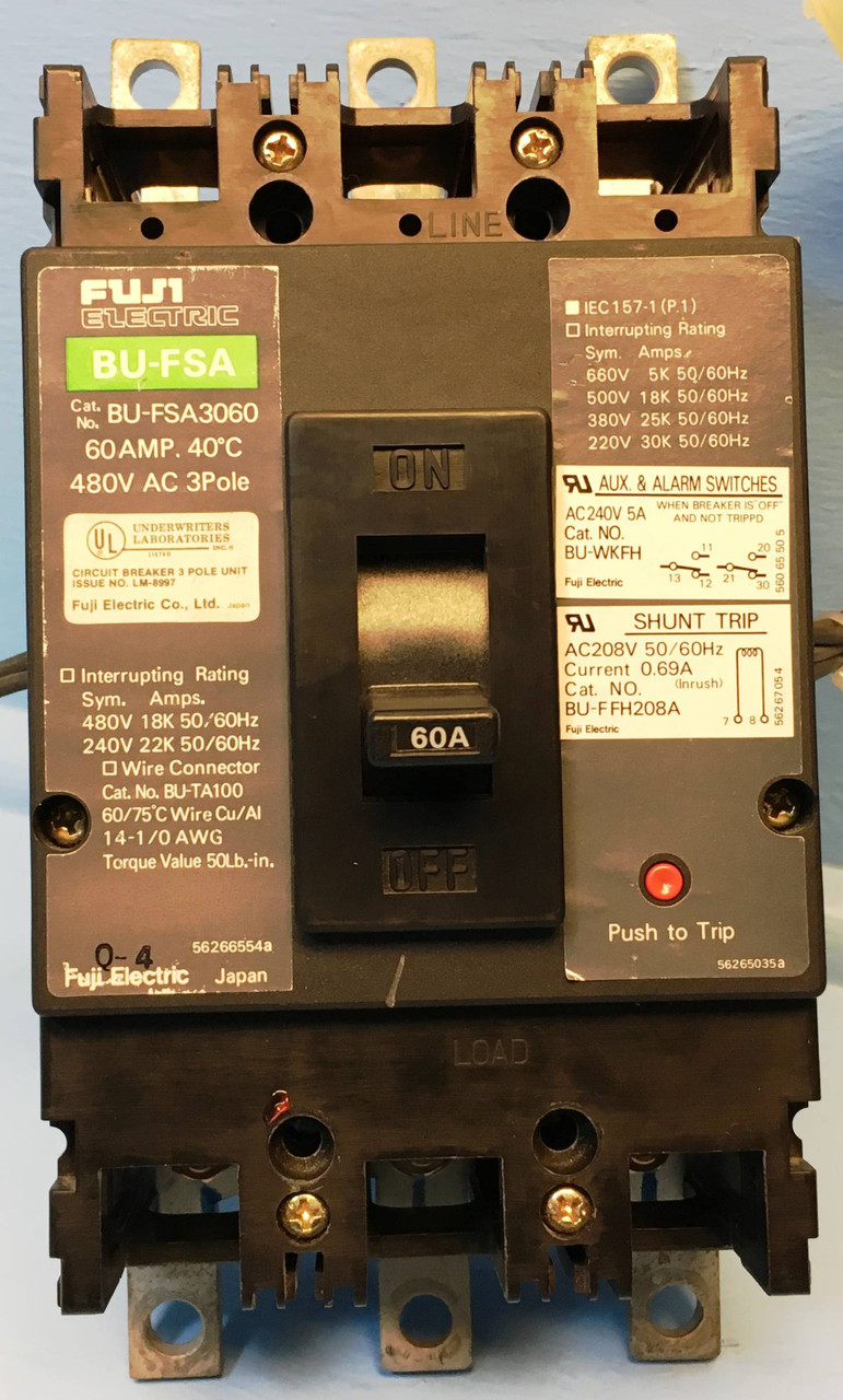 Fuji BU-FSA3060 60A Circuit Breaker BU-FSA w/ Shunt & Aux & Alarm 480V 3P 60 Amp (EM2521-1)