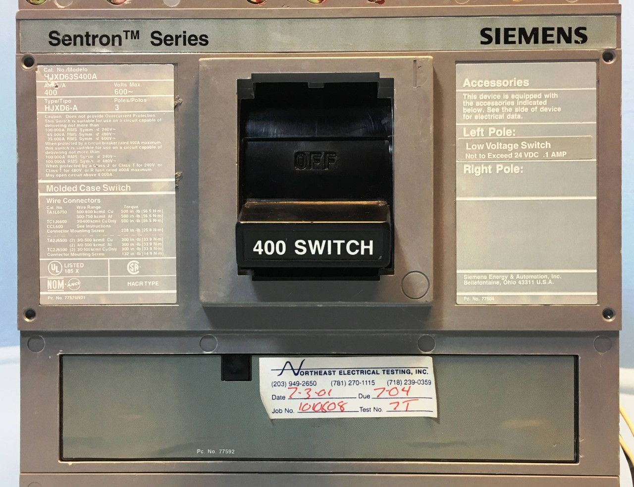 Siemens HJXD63S400A 400A Sentron Molded Case Switch w/ LV Switch & Shunt & Aux (EM2531-2)