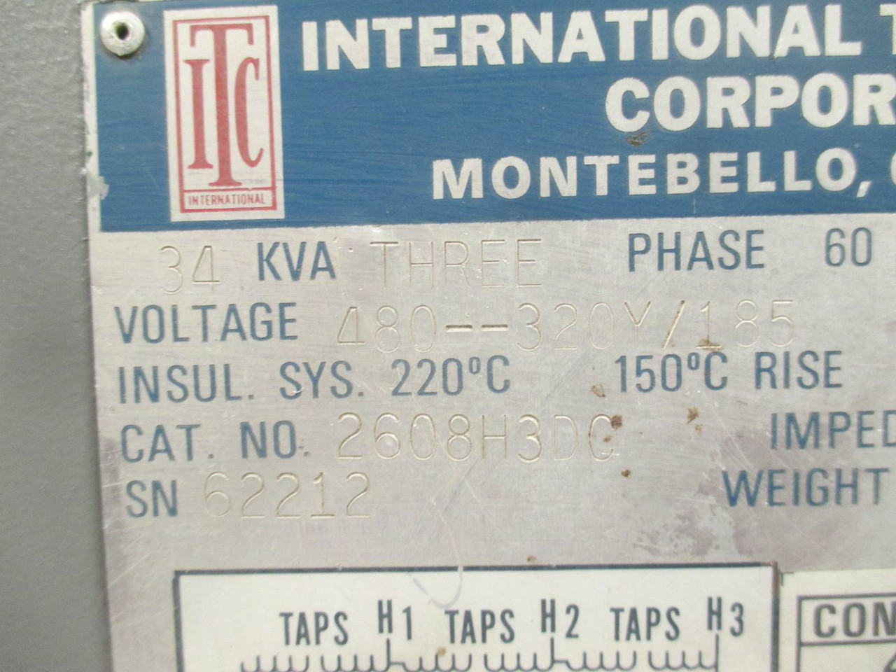 International 34 kVA 480 Delta - 320Y/185 2608H3DC 3PH Transformer 34kVA 320 Y V (DW0535-3)