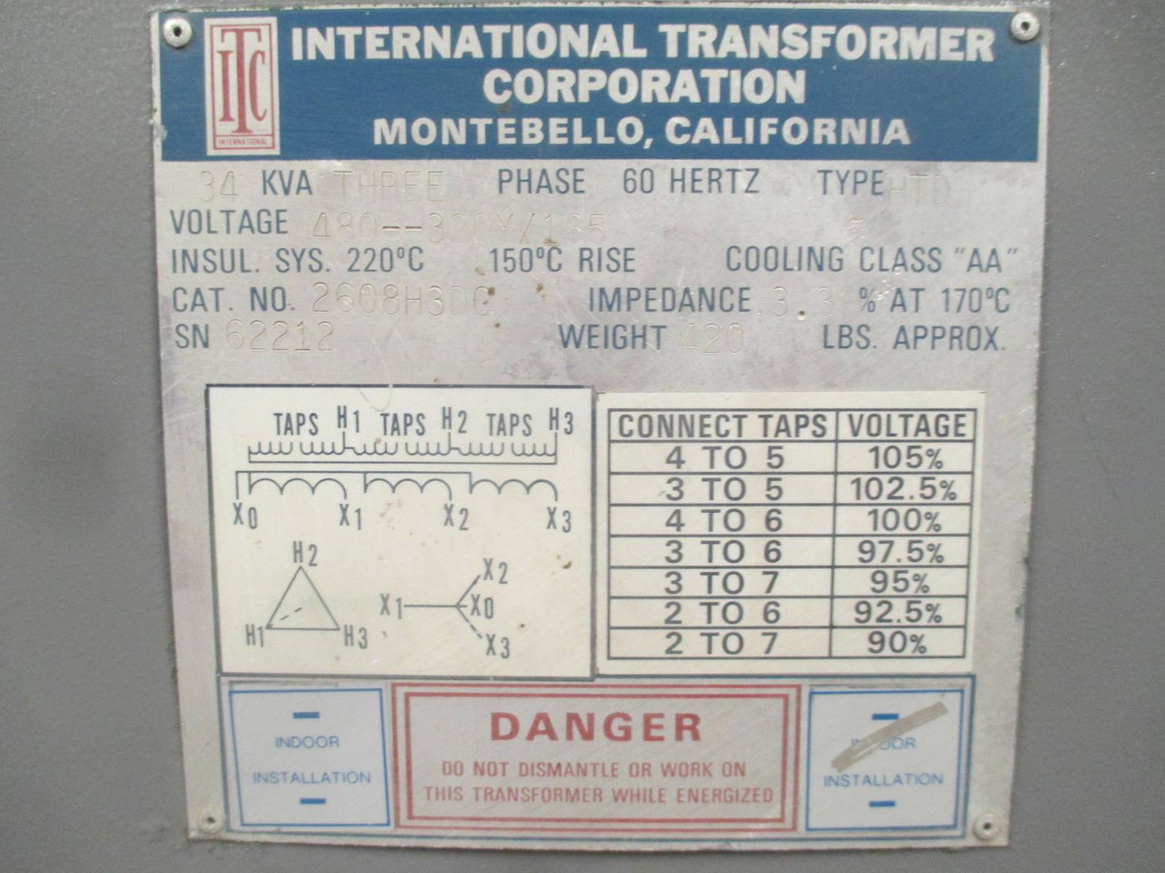 International 34 kVA 480 Delta - 320Y/185 2608H3DC 3PH Transformer 34kVA 320 Y V (DW0535-3)