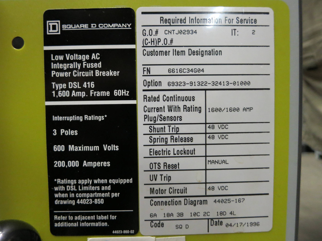Square D DSL-416 1600A LSIG EO Breaker Digitrip RMS 810D Westinghouse DSL416 (PM2785-1)