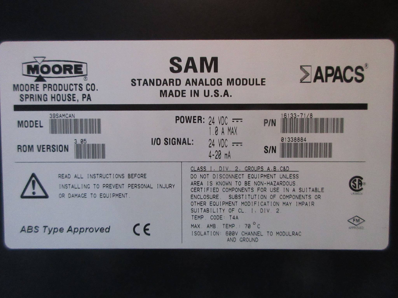 Moore 39SAMCAN 16133-71/8 APACS SAM Standard Analog Module Siemens PLC ROM 3.05 (TK3582-1)