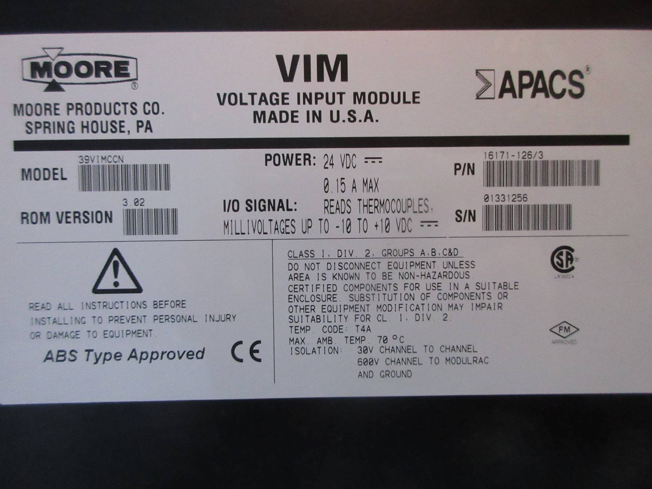 Moore 39VIMCCN 16171-126/3 APACS VIM Voltage Input Module Siemens PLC ROM 3.02 (TK3585-1)