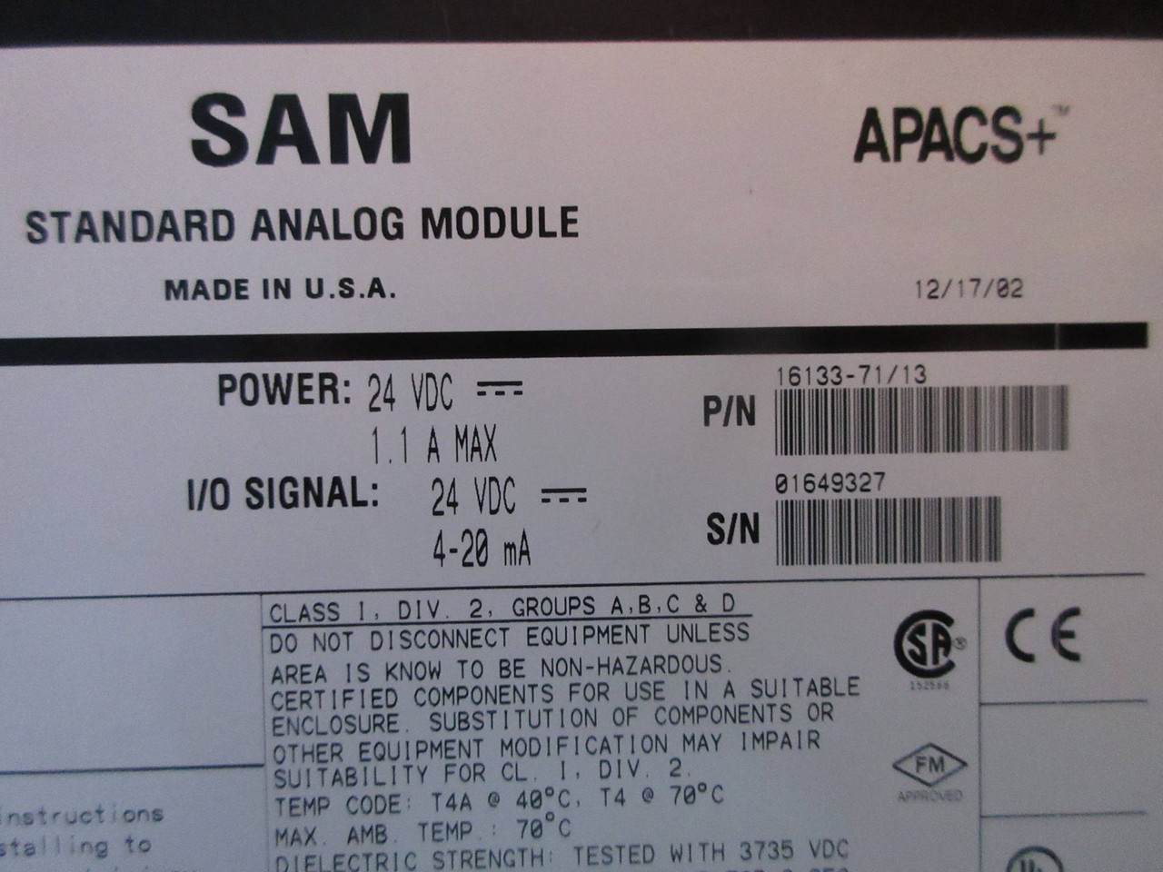 Siemens 39SAMCAN 16133-71/13 APACS+ SAM Standard Analog Module Moore ROM 3.05 (TK3583-1)