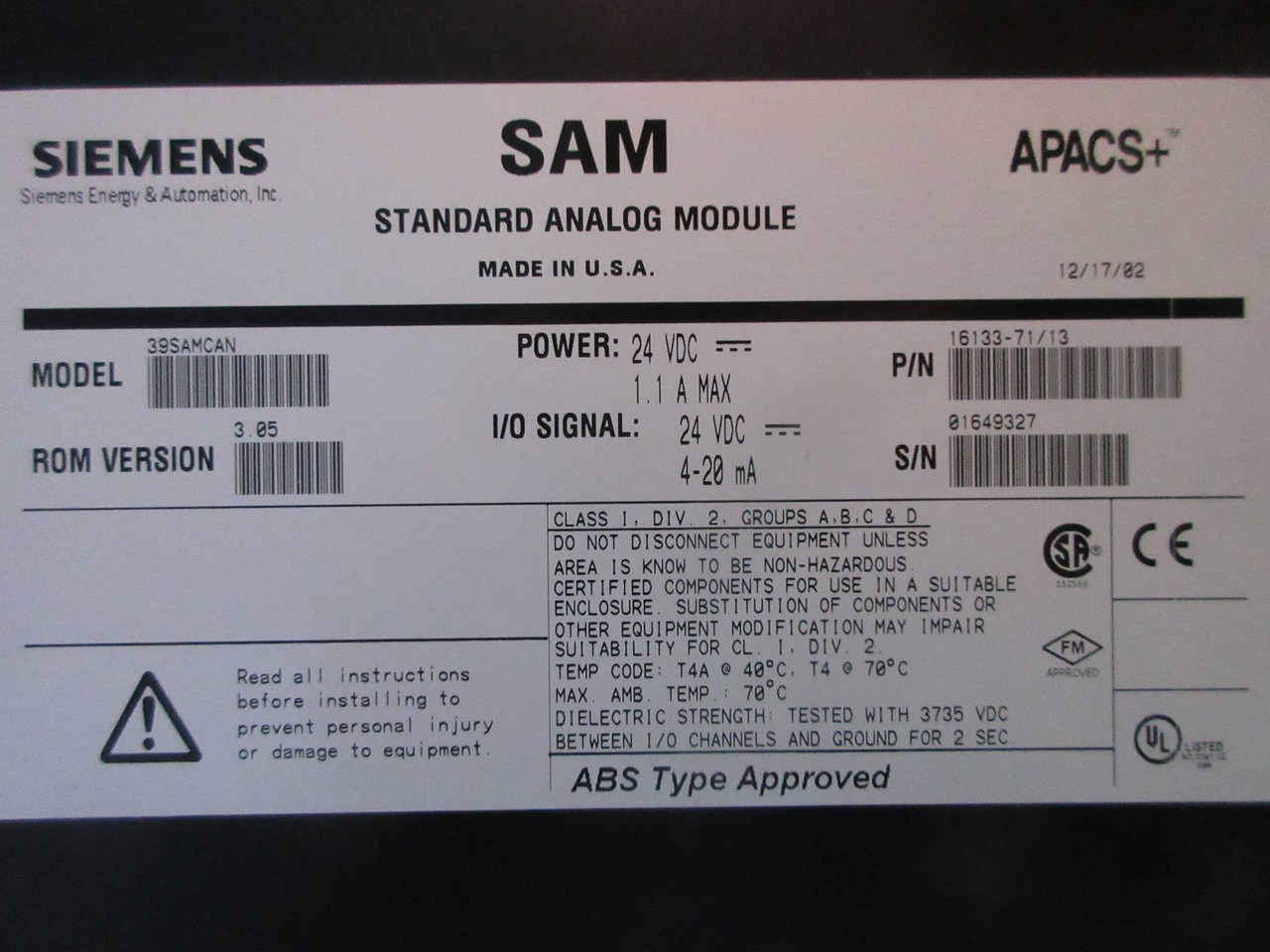 Siemens 39SAMCAN 16133-71/13 APACS+ SAM Standard Analog Module Moore ROM 3.05 (TK3583-1)