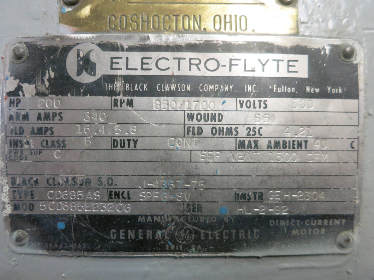 REBUILT Electro-Flyte CD685AS 200 HP 500 V 850/1700 RPM Insul B SSW DC Motor GE (PM2810-1)