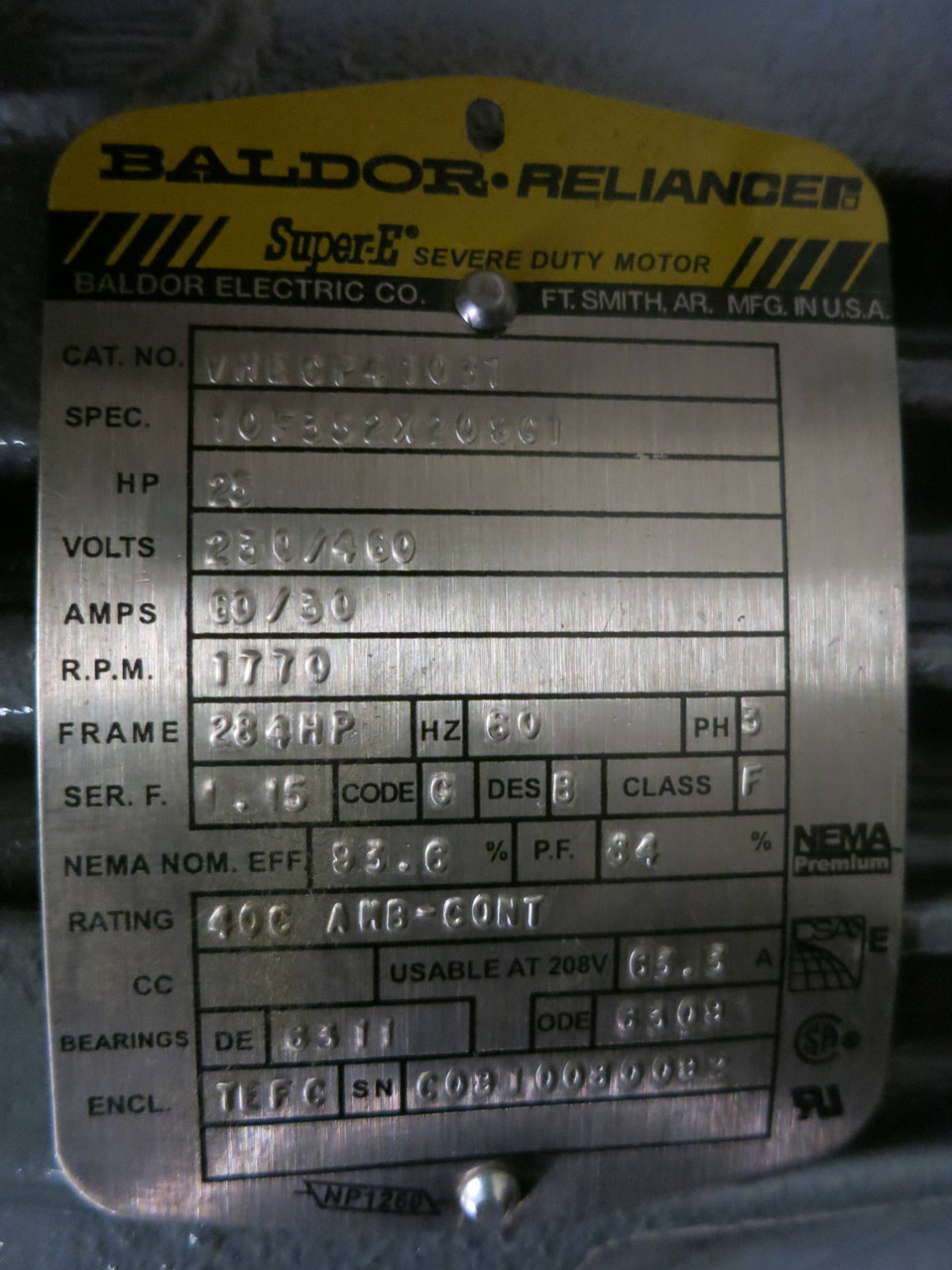 New Baldor-Reliance VHECP4103T 25HP 230/460 V 1770RPM Vertical Motor 284HP 25 HP (PM2819-1)