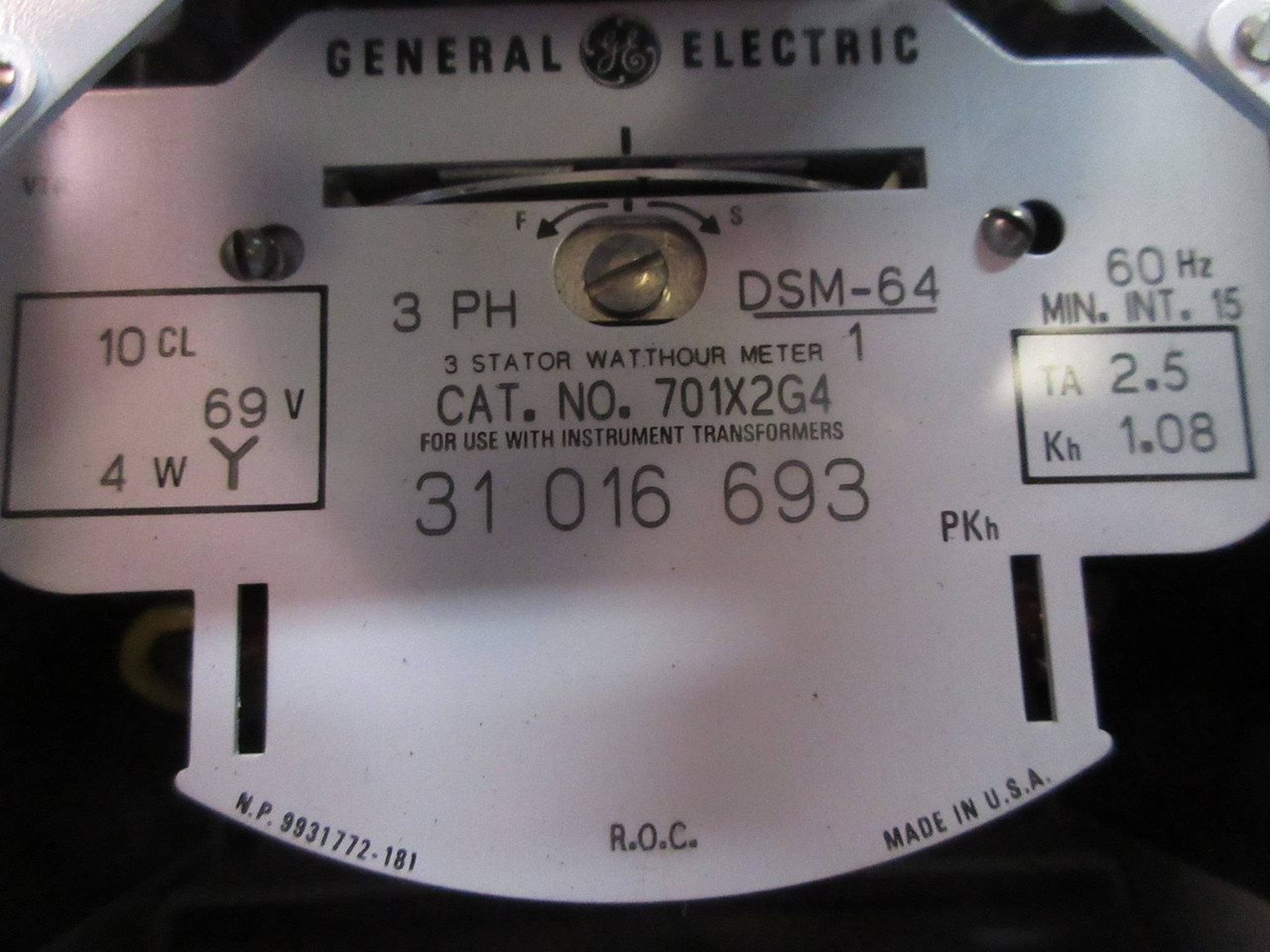General Electric 701X2G4 3 Stator Watthour Meter Type DSM-64/1 3-PH GE (TK3700-1)