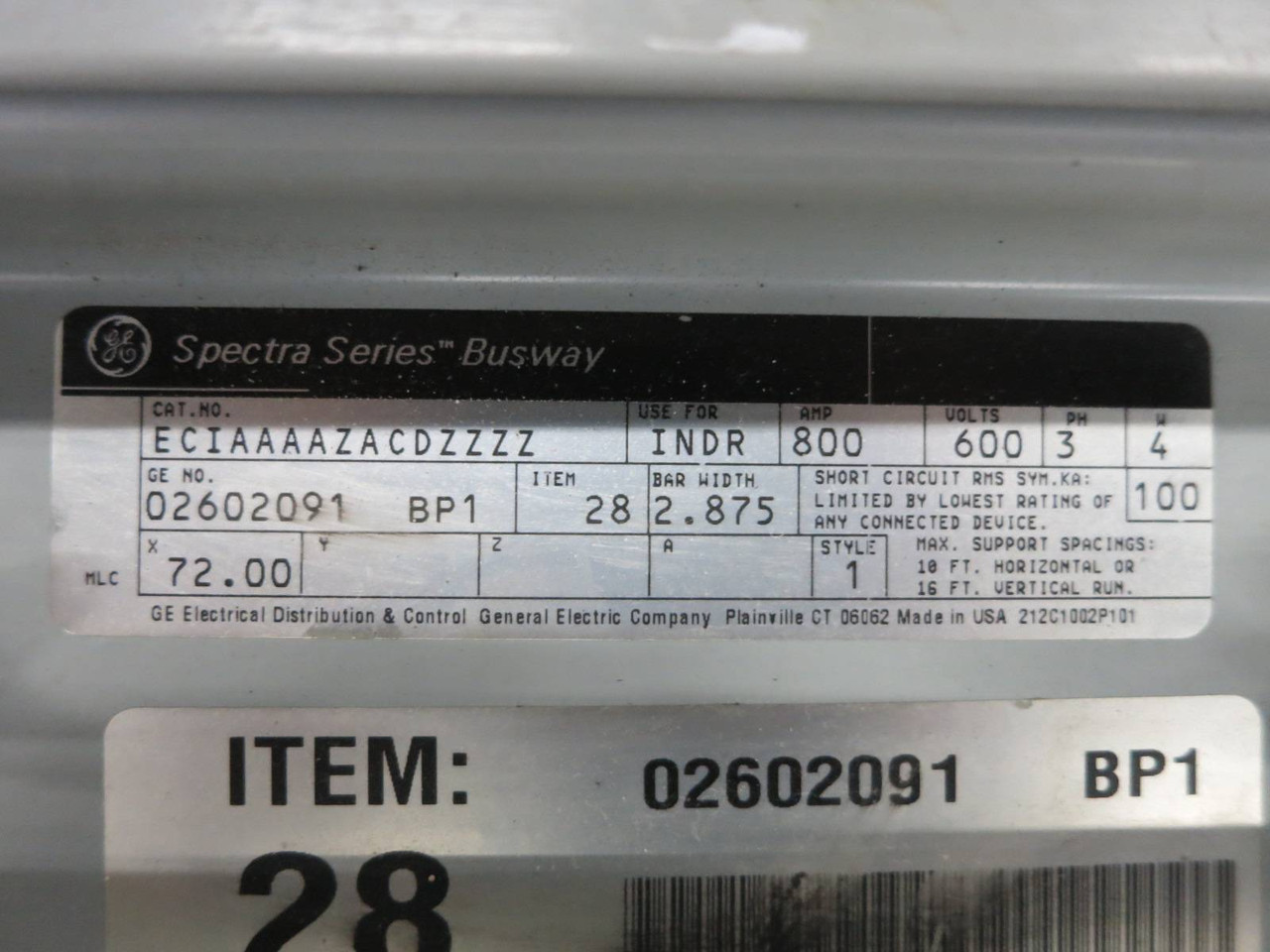 GE Spectra Busway 72.00" Feeder 800A 600V 3PH 4W Aluminum Bus Way Duct 800 Amp (DW0629-1)