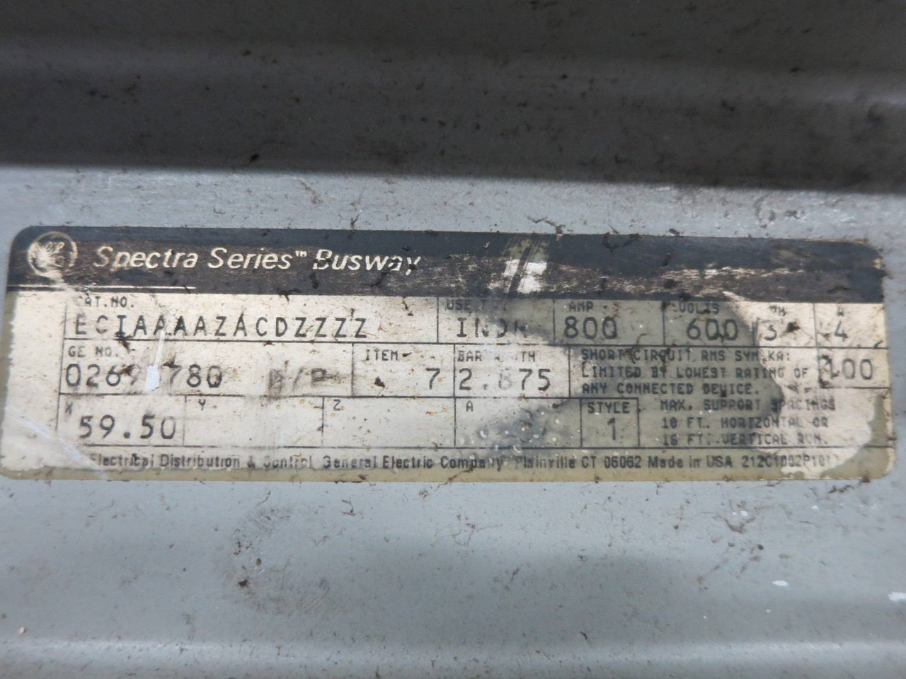 GE Spectra Busway 59.50" Feeder 800A 600V 3PH 4W Aluminum Bus Way Duct 800 Amp (DW0627-2)