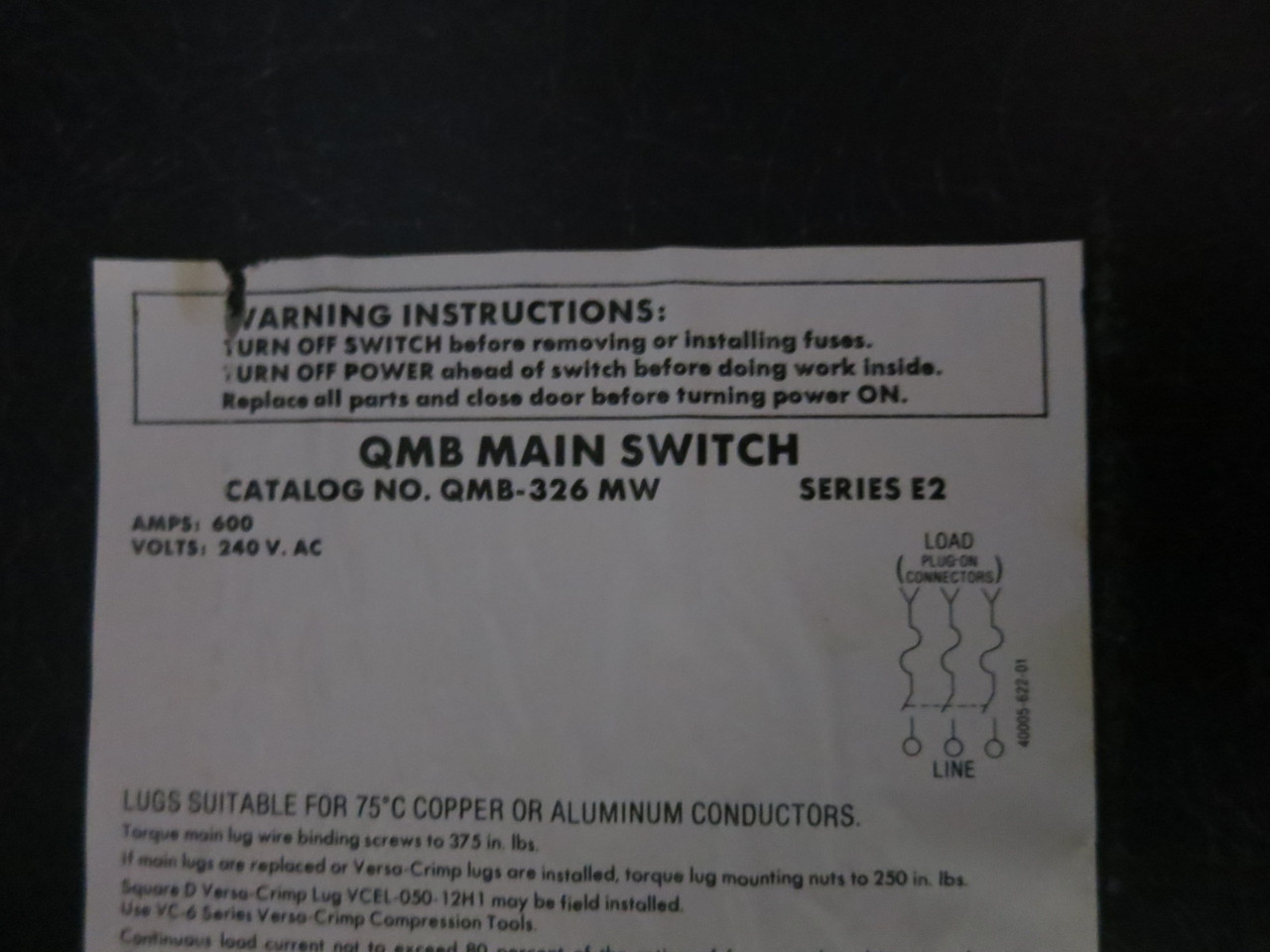 Square D QMB326MW 600A 240V QMB Main Fusible Panelboard Switch 600 Amp QMB326-MW (EBI4635-5)