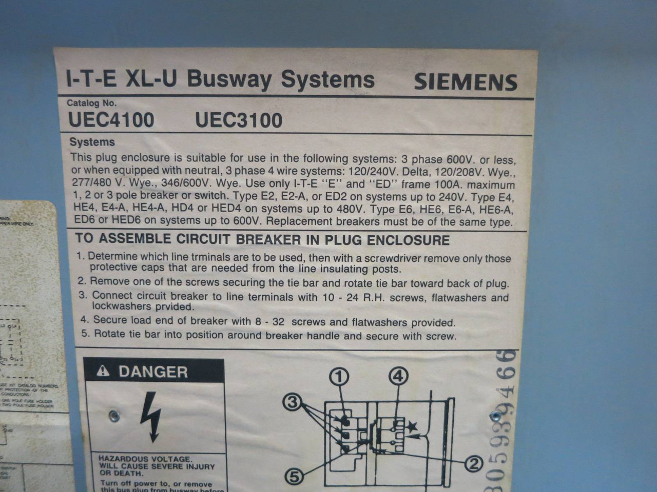 ITE UEC133C48 30A Breaker Contactor XL-U Combination Starter Plug Busplug Gould (DW0684-2)