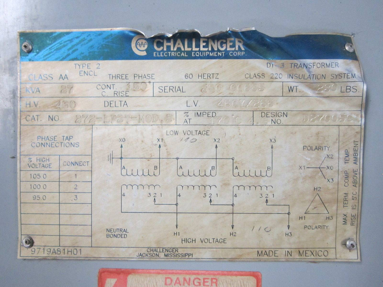 Challenger Isolation Transformer 27 kVA 460/460Y/266 27kVA 3PH 272-LP3T-MOD.5 (EBI0643-1)