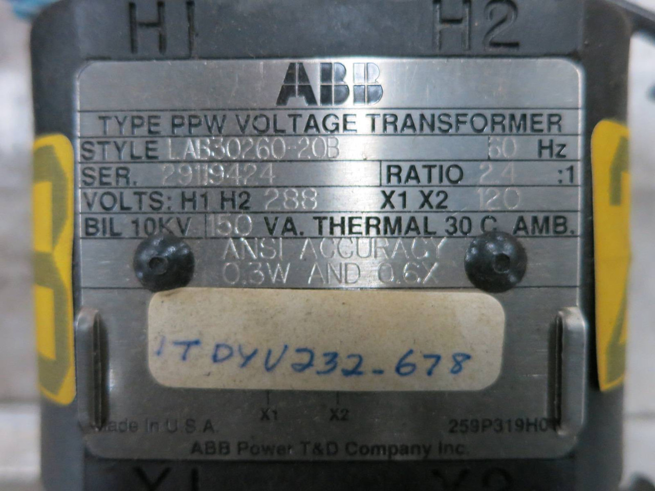 ABB LAB30260-20B Type PPW Voltage Transformer Ratio 2.4:1 288V - 120V 288-120 (DW0734-3)