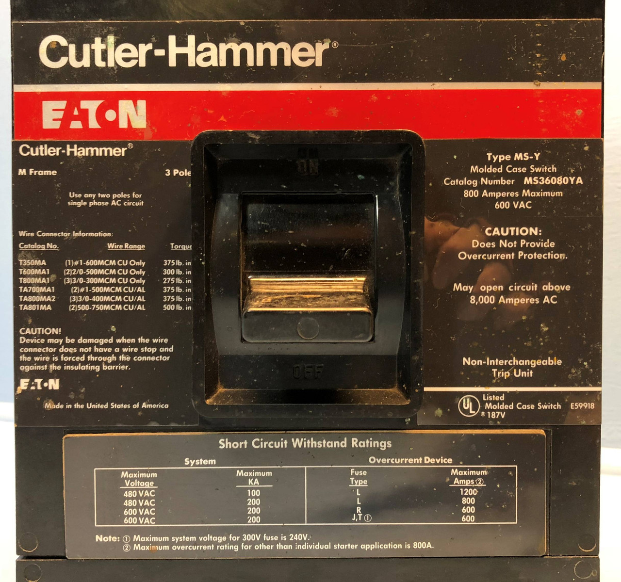 Cutler Hammer MS36080YA 800A Molded Case Switch 480/600V MS-Y 3P Eaton 800 Amp (EM2847-2)