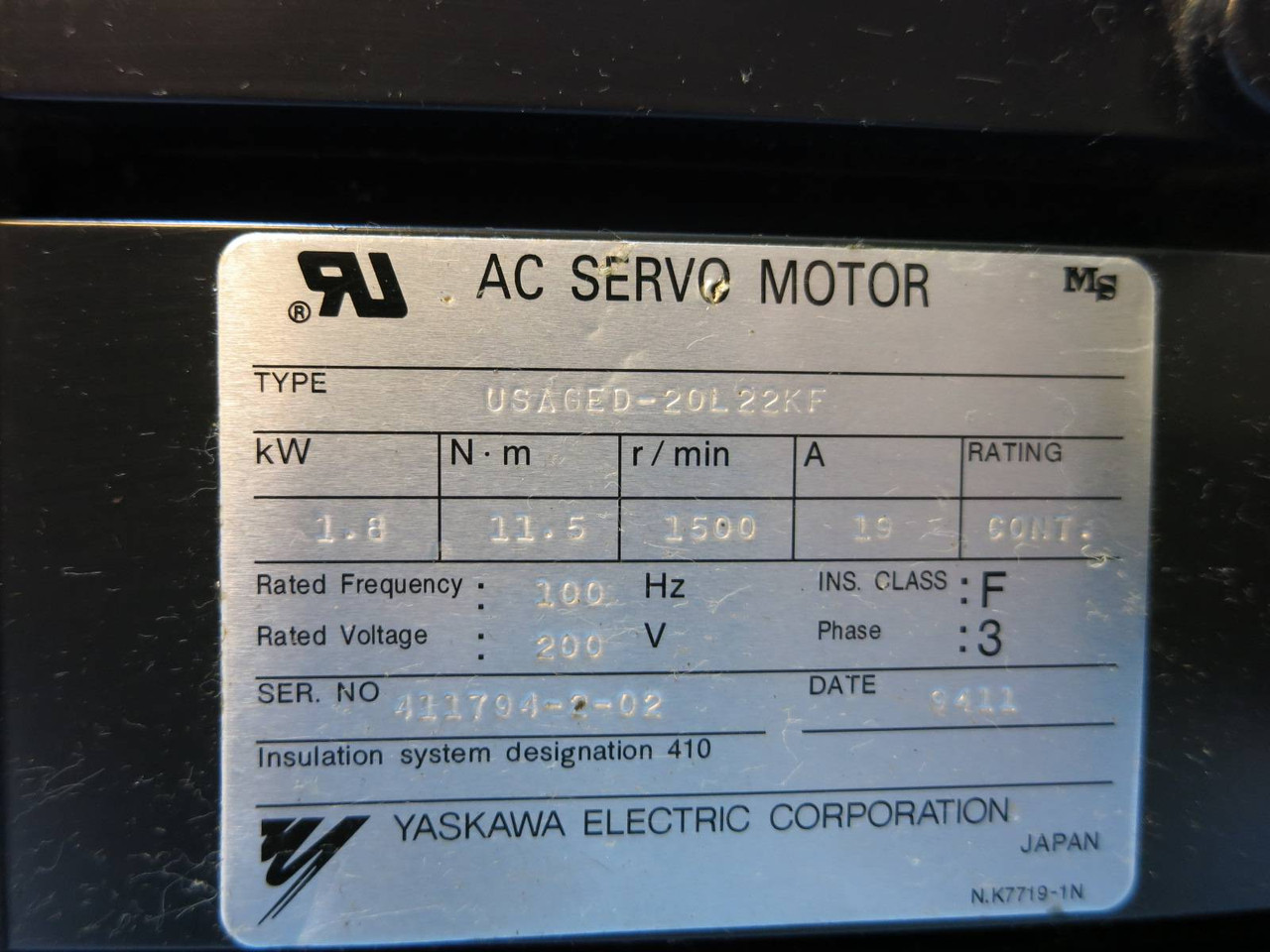 Yaskawa USAGED-20L22KF AC Servo Motor USAGED20L22KF UT0PH-81AVF 1.8 kW 1500 RPM (NP1956-1)