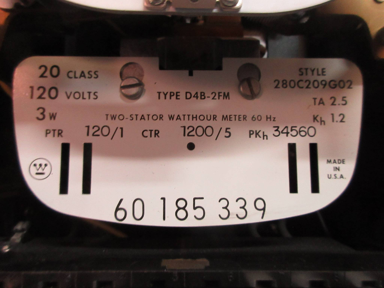 Westinghouse 280C209G02 Two-Stator Watthour Meter Type D4B-2FM 120V 3W (TK3939-4)