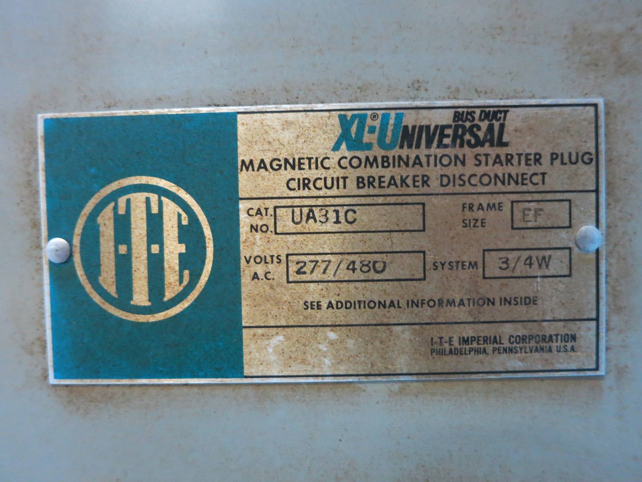 ITE UA31C 20A Breaker / Lighting Contactor XL-U Combination Plug Busplug Gould (DW0780-5)