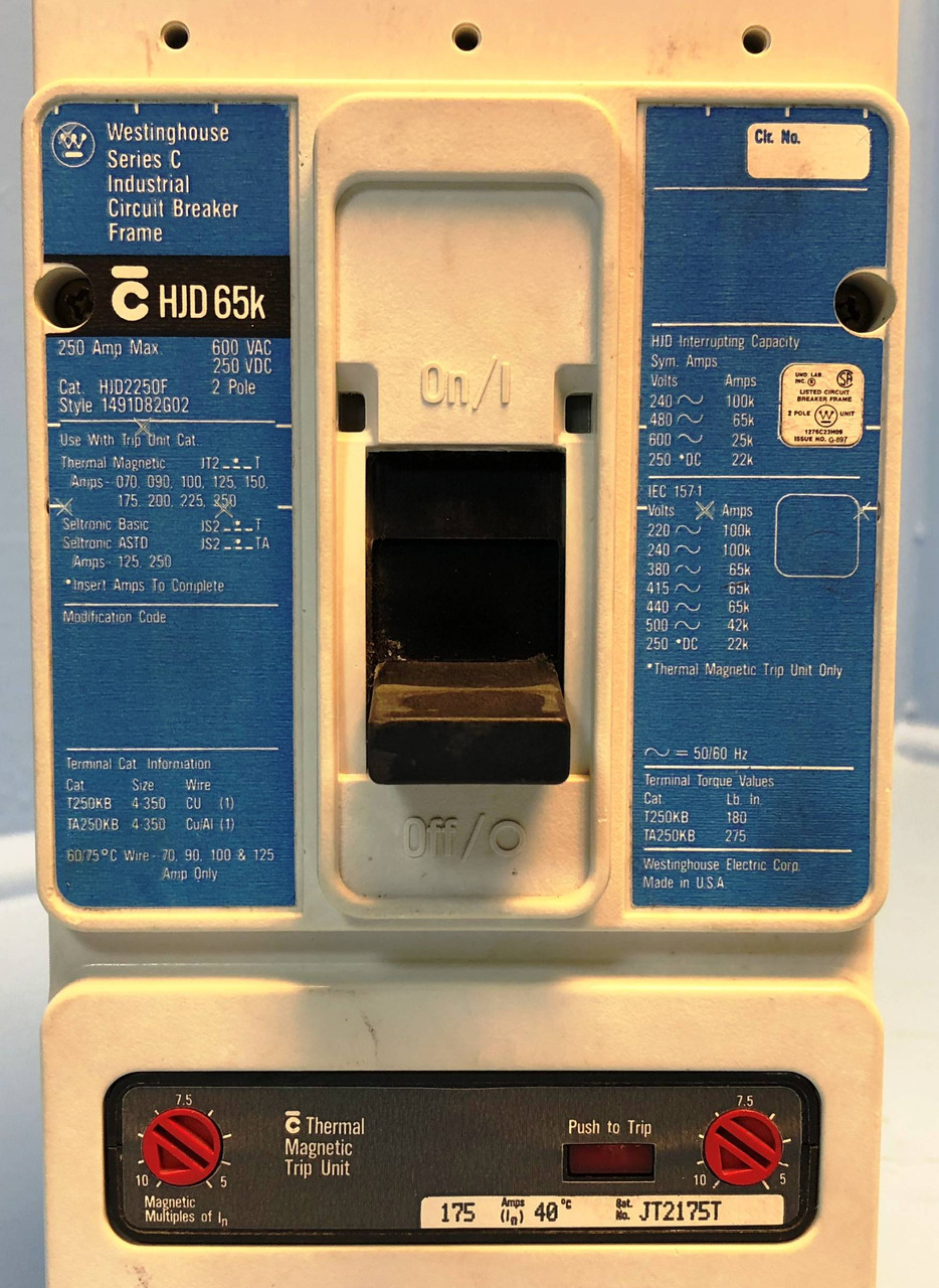 Westinghouse HJD2250F 250A Circuit Breaker Matte w/ 175 Amp Trip 2 Pole HJD2175 (EM2875-1)