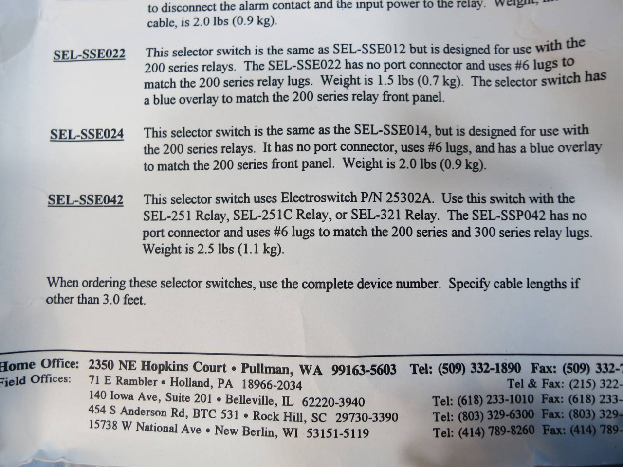 NEW Schweitzer Engineering SEL-SSE 042 Selector Switch SELSSE042 25302A Electro (NP1989-1)