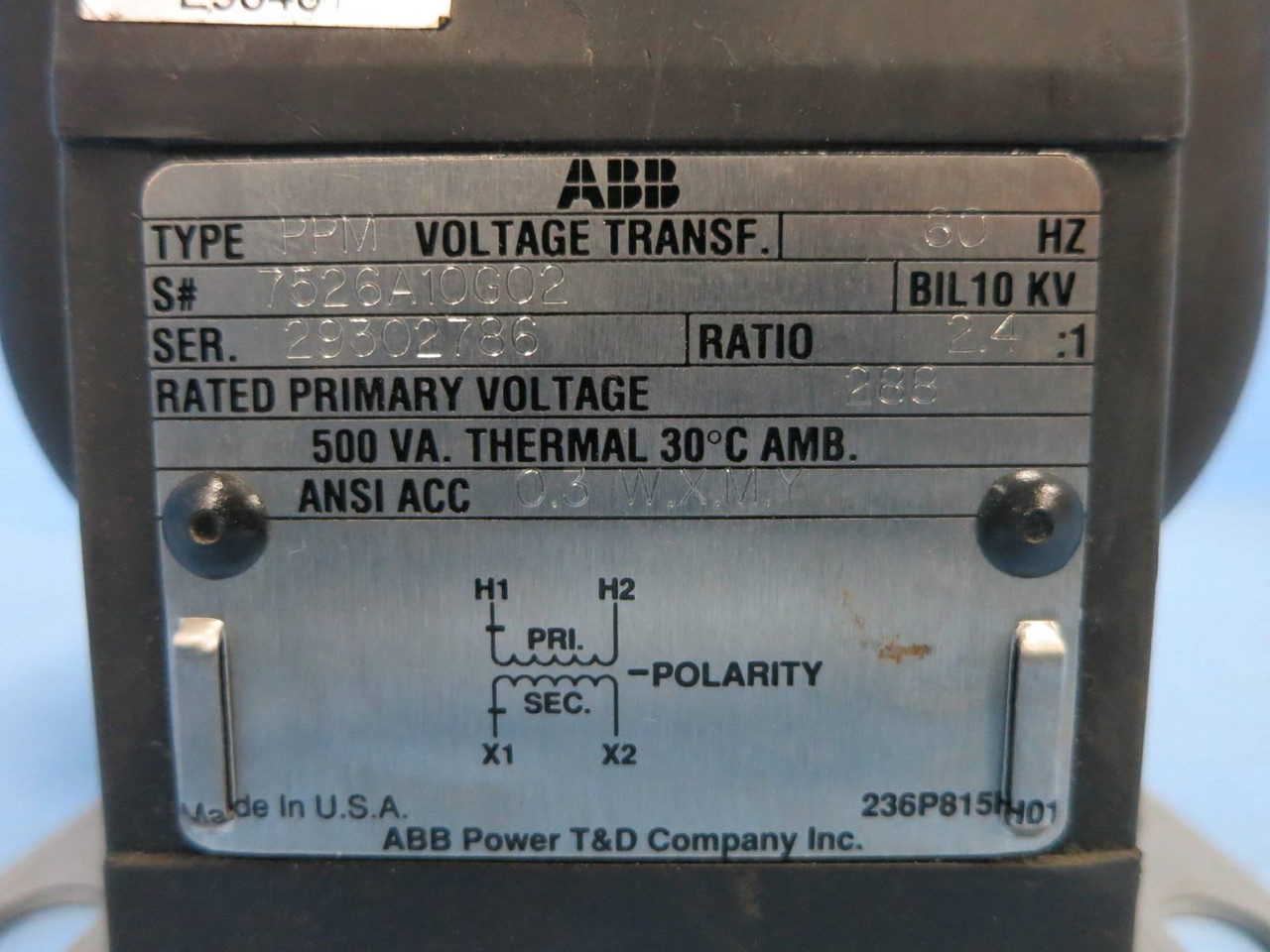 ABB 7526A10G02 Type PPM Voltage Transformer 2.4:1 Ratio 288V 500VA BIL 10 kV CT (DW0847-2)