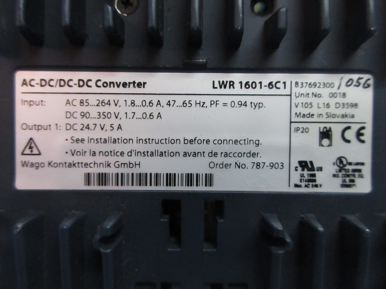 Wago LWR-1601-6C1 AC-DC / DC-DC Converter 787-903 Power Supply (TK4089-6)