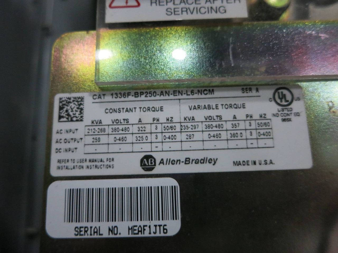 Allen Bradley 1336F-BP250-AN-EN-L6-NCM 300 HP AC VS Drive 1336FBP250 Bypass (NP2004-1)