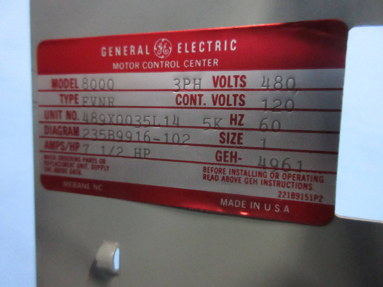 General Electric GE 8000 Size 1 Starter 15 Amp Breaker Type 18" MCC Bucket 15A (TK4182-154)