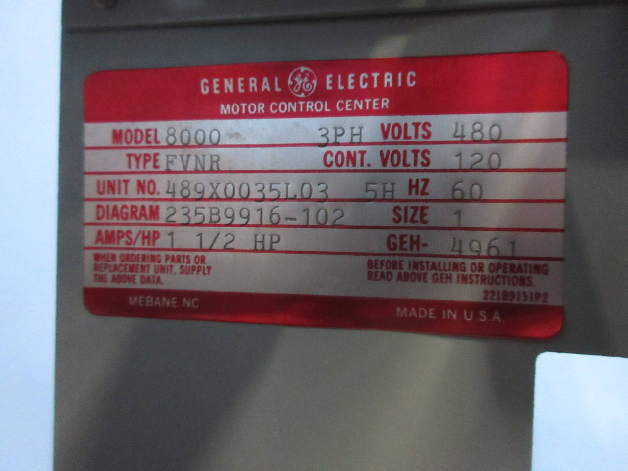 General Electric GE 8000 Size 1 Starter 7 Amp Breaker Type 18" MCC Bucket 7A TEC (TK4181-91)