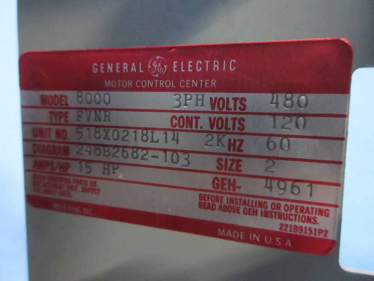 General Electric GE 8000 Size 2 Starter 30 Amp Breaker Type 18" MCC Bucket 30A (TK4184-18)