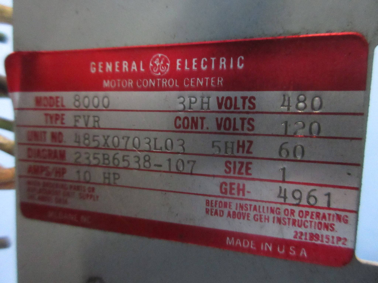 General Electric GE 8000 Size 1 Reversing Starter 30 Amp Breaker 24" MCC Bucket (TK4193-5)