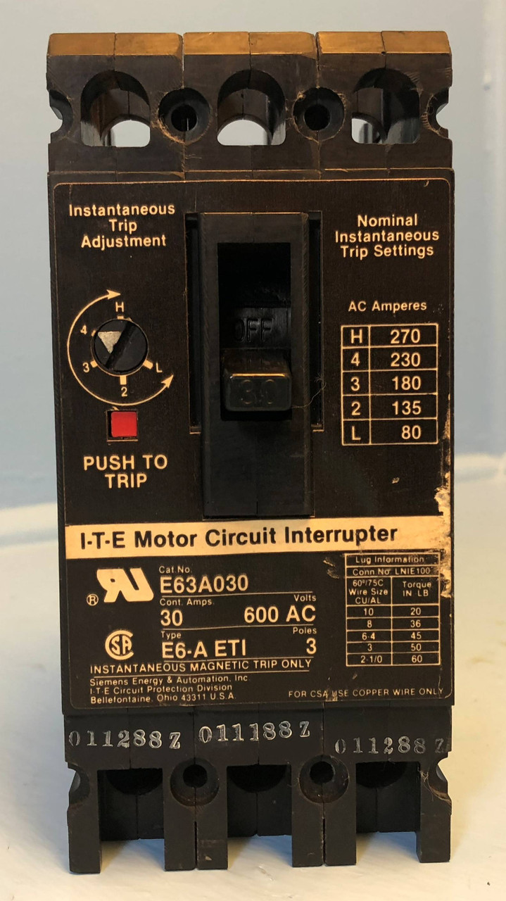 Siemens I-T-E E63A030 30A Circuit Breaker Type E6-A ETI 3P 480/600V ITE 30 Amp (EM2986-6)