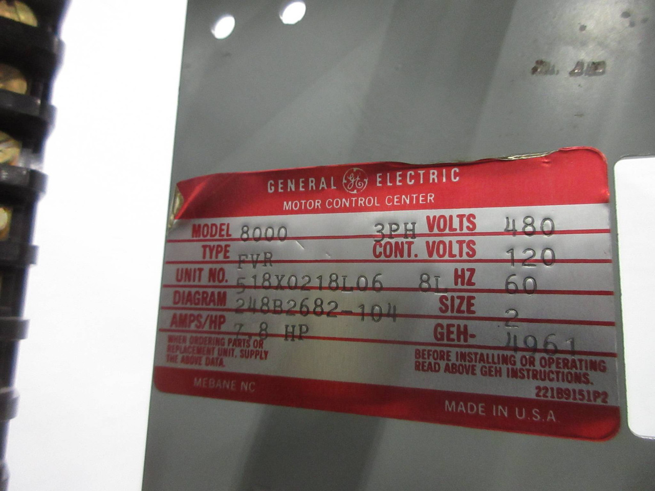 General Electric GE 8000 Size 2 Reversing Starter 15 Amp Breaker 30" MCC Bucket (TK4199-9)