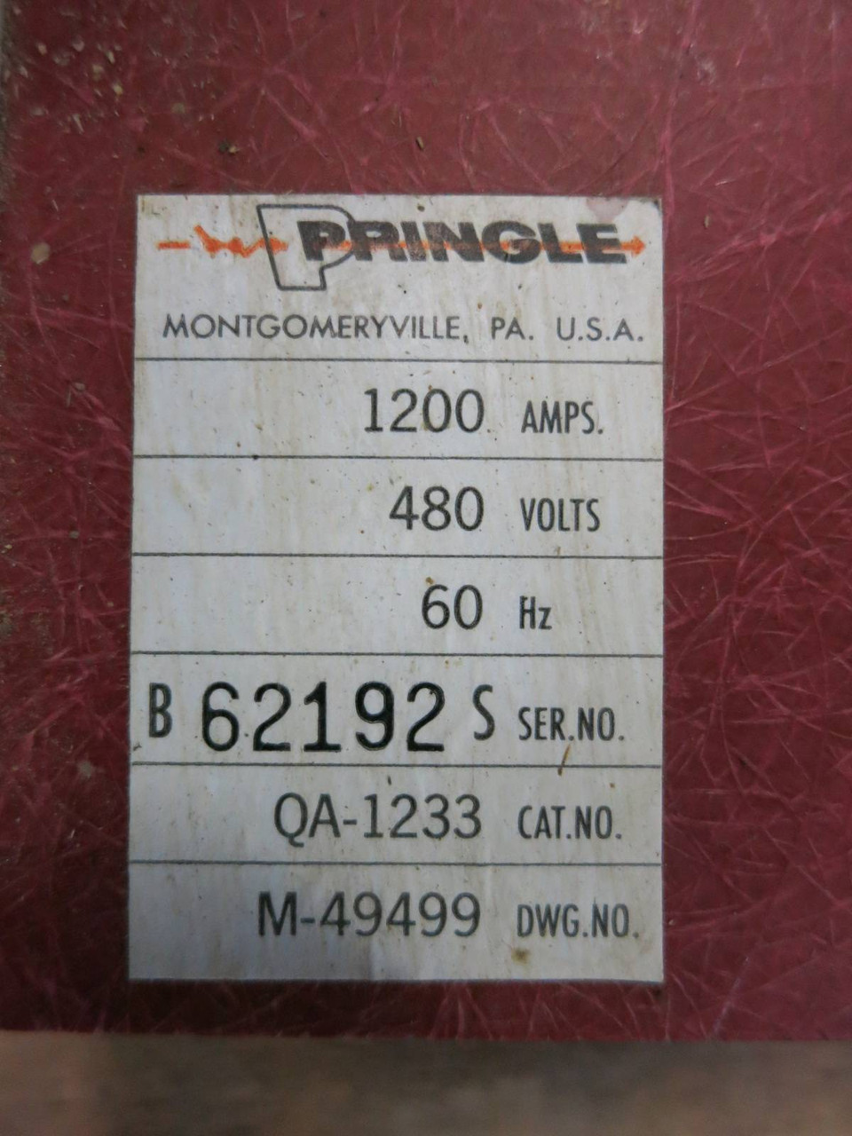 Pringle QA-1233 1200A 480V Bolted Pressure Contact Switch 1200 Amp A Amps QA1233 (PM2876-2)