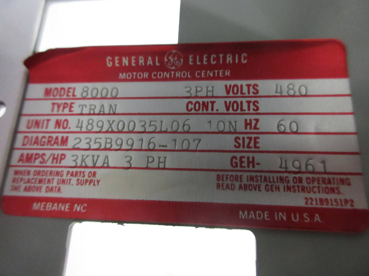 General Electric GE 8000 15 Amp Breaker Type 6" MCC Feeder Bucket 15A No Door (TK4231-5)