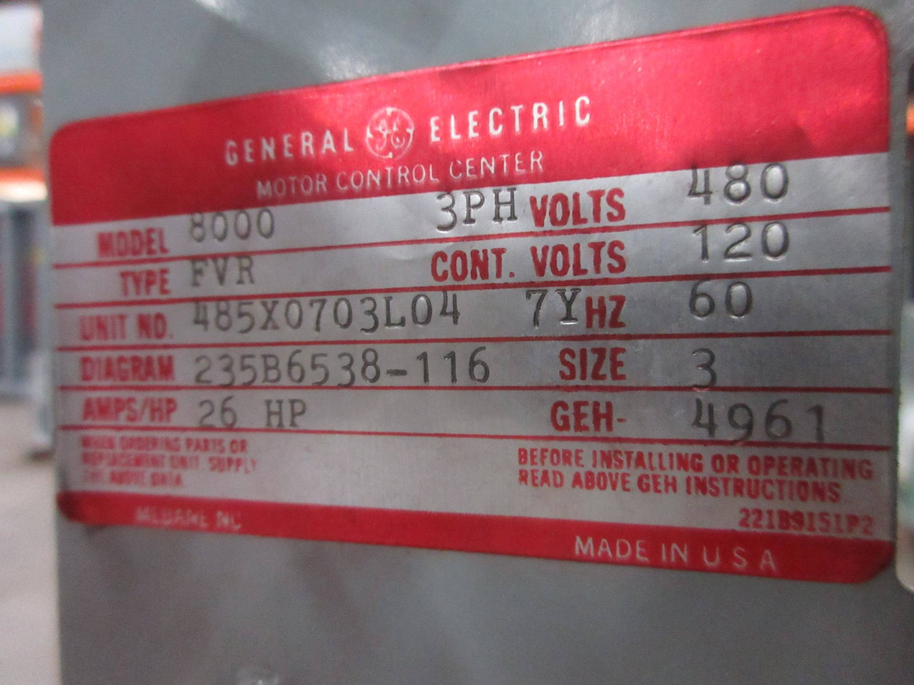 General Electric GE 8000 Size 3 Reversing Starter 50 Amp Breaker 42" MCC Bucket (TK4202-2)