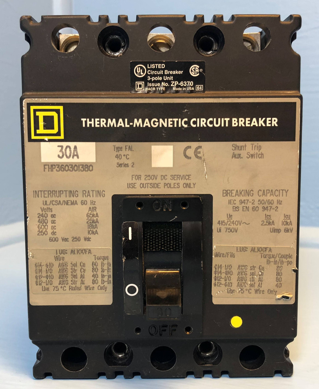 Square D FHP360301380 30A Circuit Breaker w/ Aux & Shunt FAL 30 Amp short wires (EM3003-2)