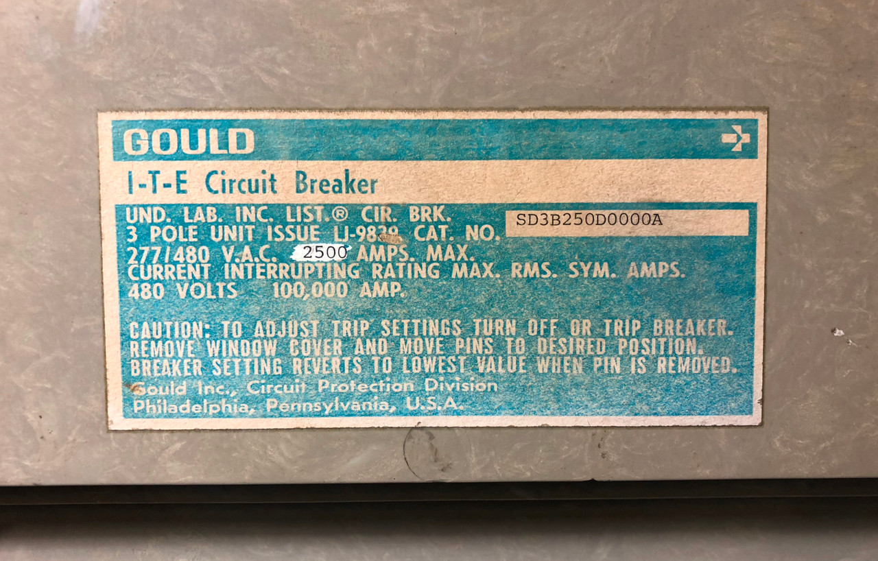 Gould I-T-E SD3B250D0000A 2500A Circuit Breaker w/ Cradle 480V 3P 2500 Amp LSIG (EM3072-1)