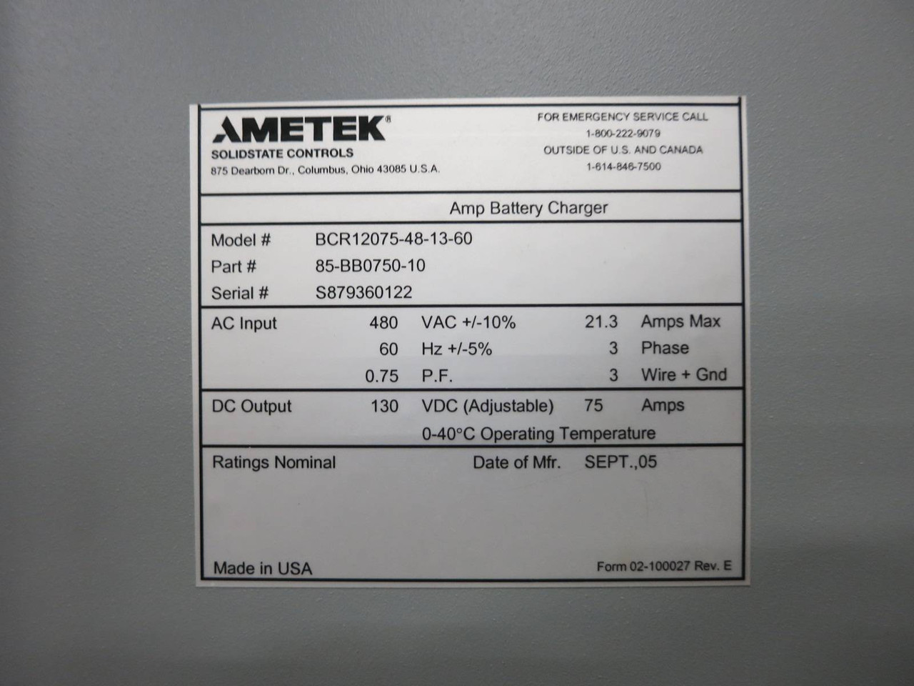 Ametek BCR12075-48-13-60 Battery Charger 75A DC 130VDC Input: 480VAC 21.3 Amp (NP2149-2)