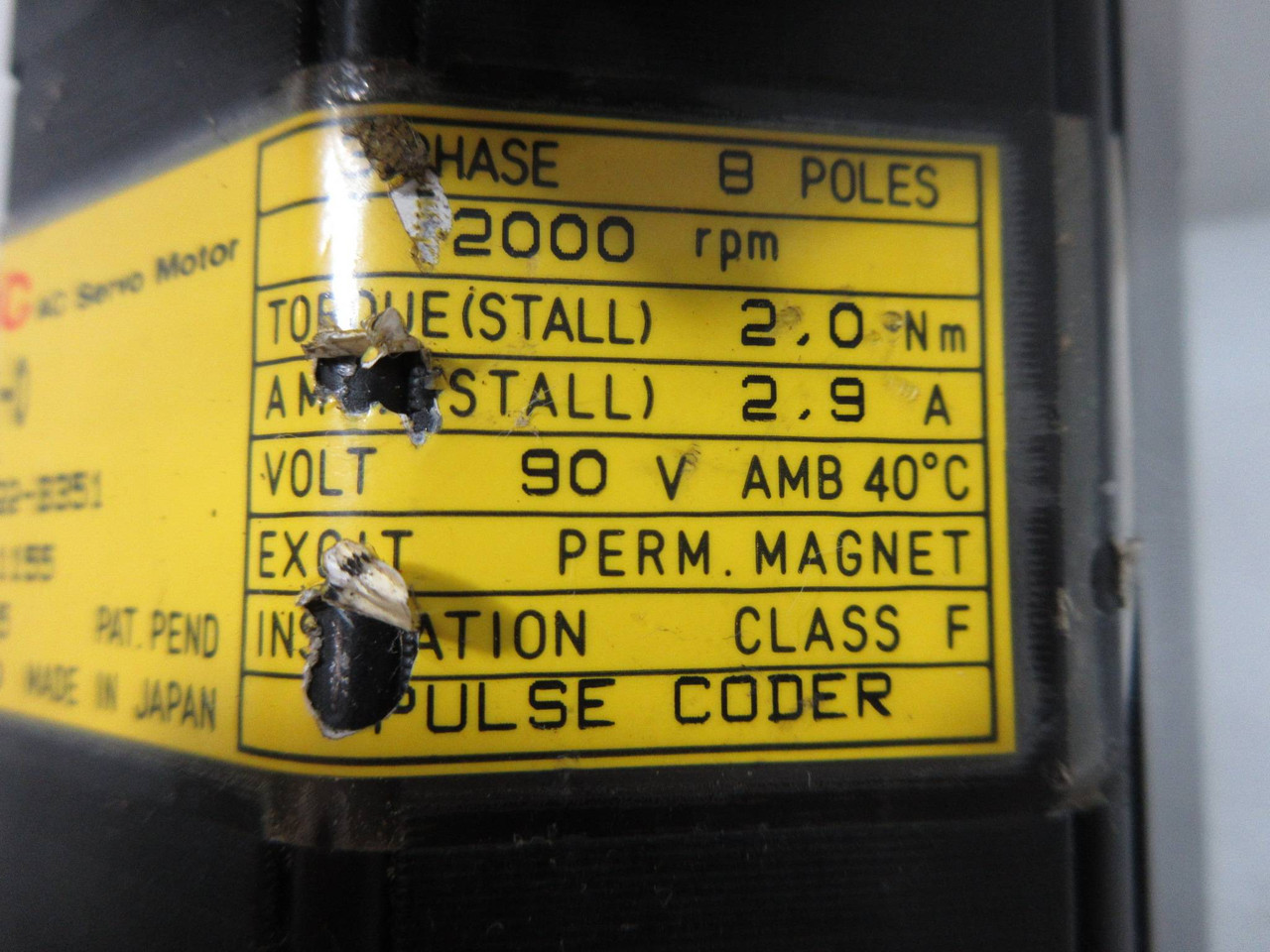 Fanuc A06B-0522-B351 2000 RPM 3PH AC Servo Motor 2.9A Pulsecoder A290-0521-V581 (TK4319-1)