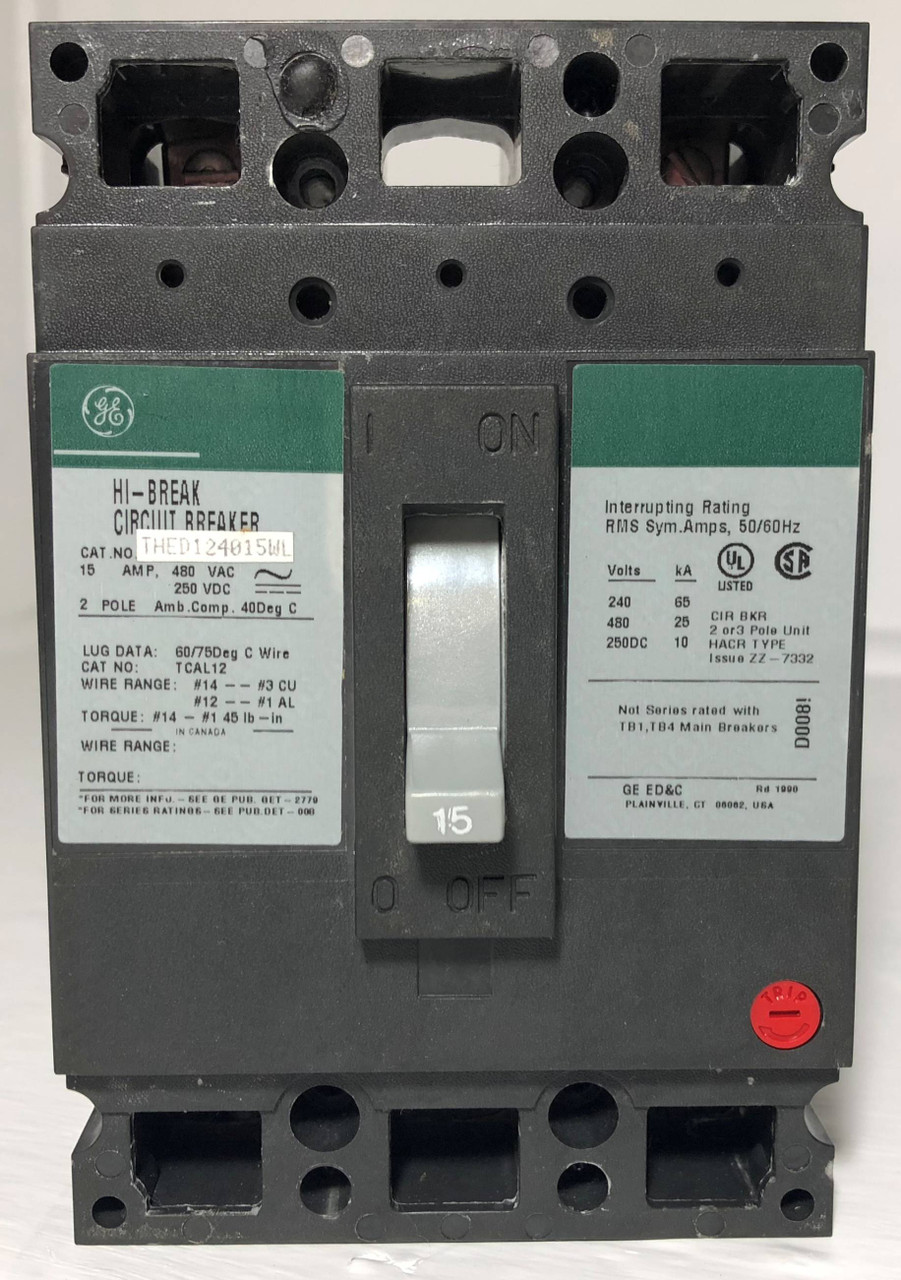 NEW GE THED124015WL 15A Circuit Breaker 480V 2 Pole 15 Amp General Electric NIB (EM3097-2)