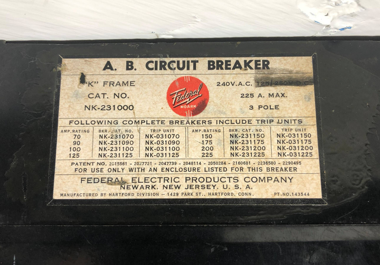 FPE NK-231000 225A AB Circuit Breaker 100 Amp Trip 240V NK231000 Federal Pacific (EM3114-1)