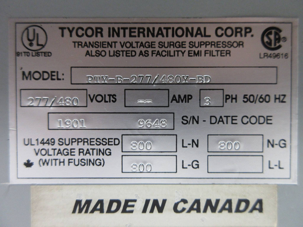 Tycor International PTY-B-277/480Y-BD PTY-B Series Suppression System 277/480V (TK4374-1)