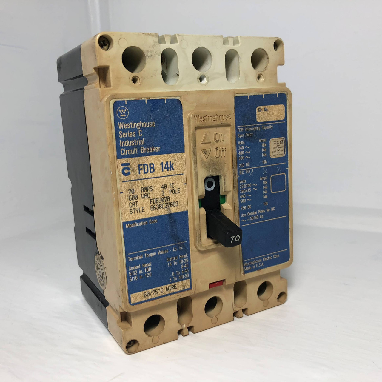Image of Westinghouse FDB3070 70A Circuit Breaker Matte 480/600V 3P FDB3070L 70 Amp dirty