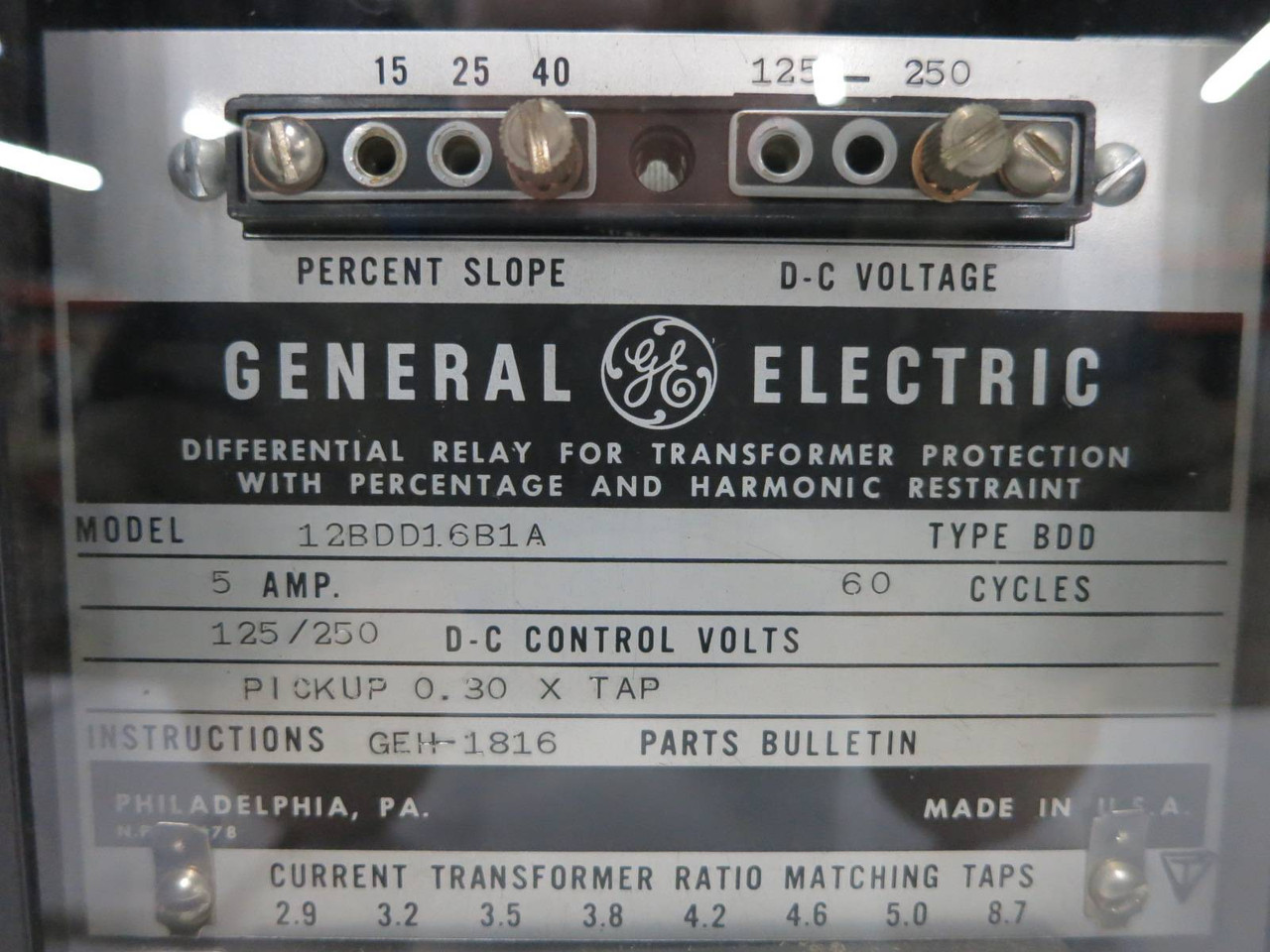 GE 12BDD16B1A Differential Relay Transformer Protection % Harmonic Restraint BDD (DW1118-8)