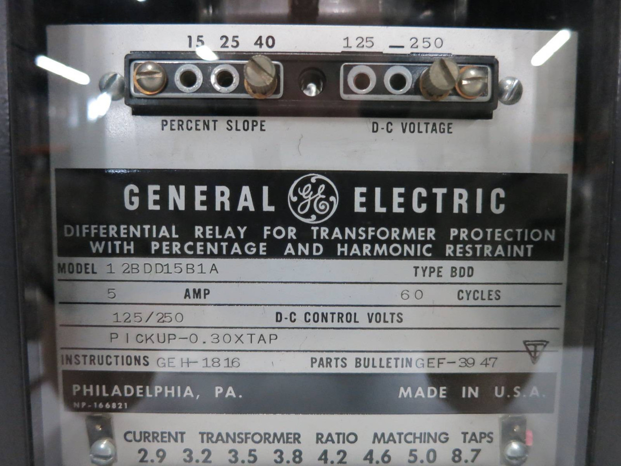 GE 12BDD15B1A Differential Relay Transformer Protection % Harmonic Restraint BDD (DW1117-19)