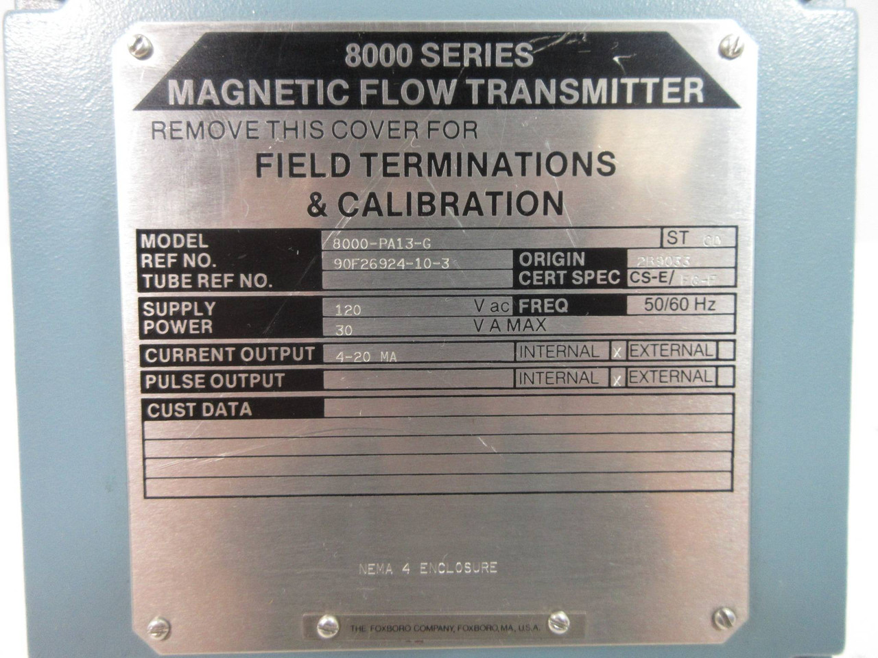 Foxboro 8000-PA13-G Series 8000 Magnetic Flow Transmitter 120V 4-20ma Nema 4 (TK4418-1)