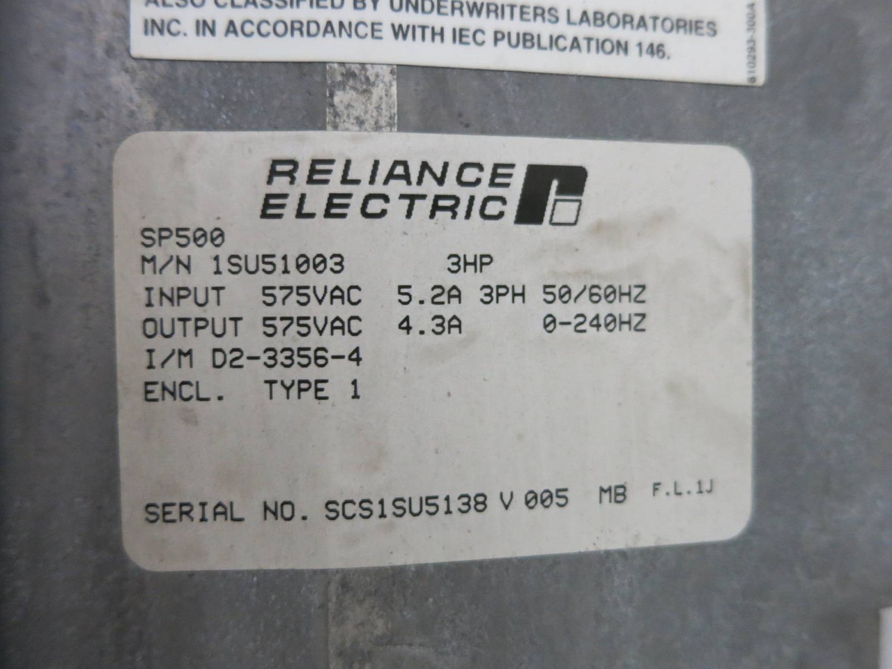 Reliance Electric 1SU51003 3HP SP500 AC VS Drive 3 HP 575V 3PH 5.2A 5.2 Amp FLAW (DW1148-3)