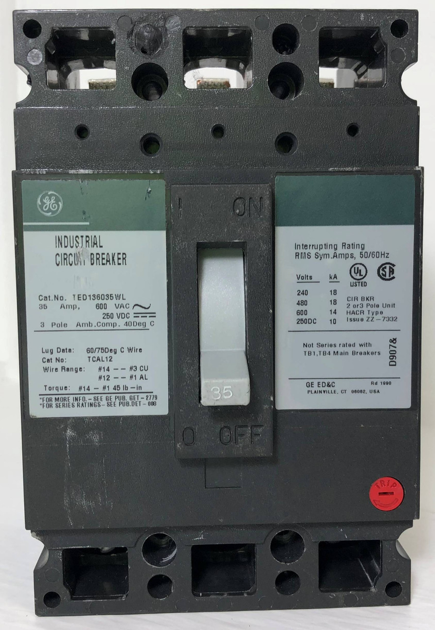 GE TED136035WL 35A Circuit Breaker Green 3P 600V 35 Amp HACR General Electric (EM3205-1)