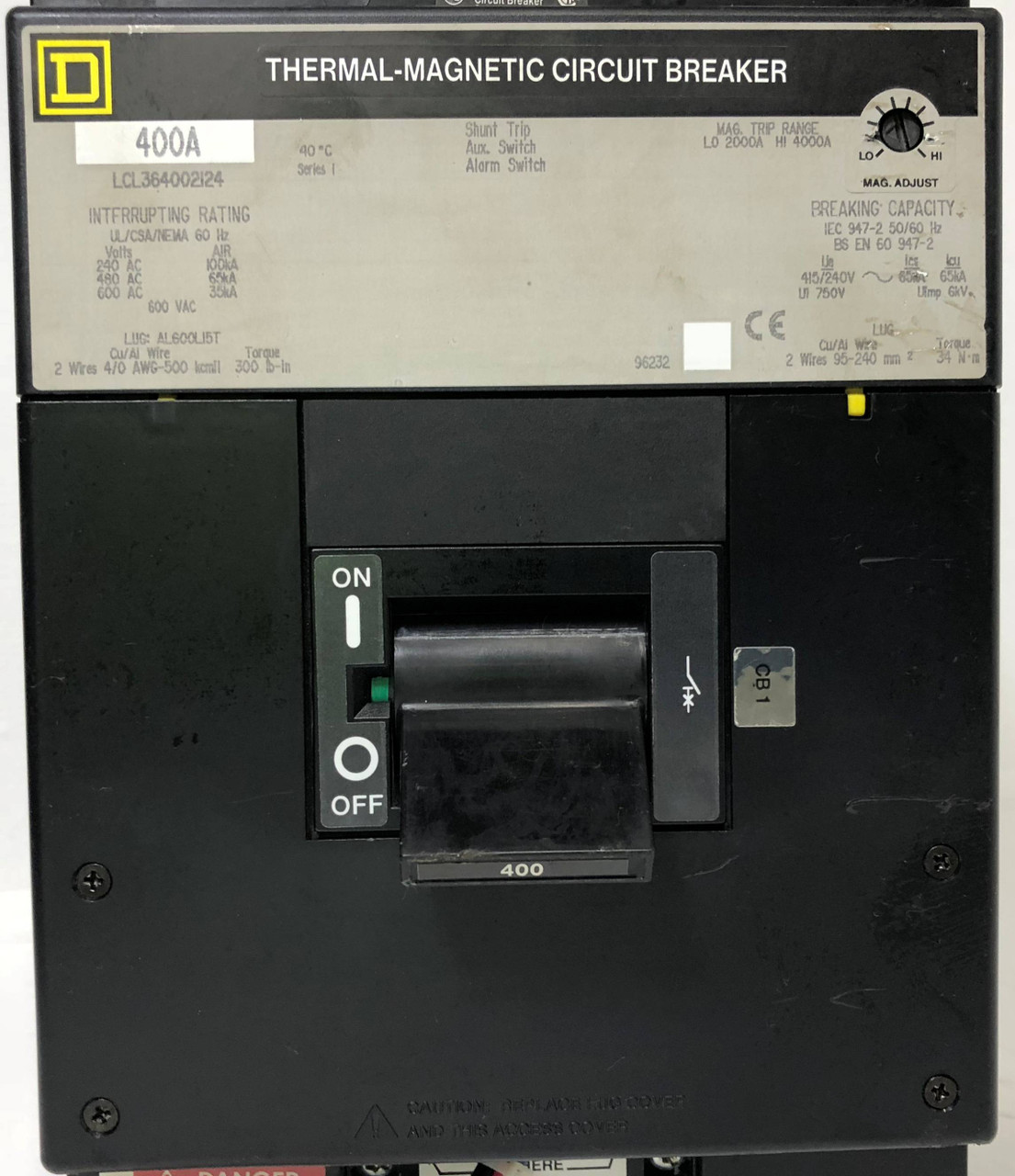 Square D LCL364002124 400A Circuit Breaker Shunt & Aux & Alarm 400 Amp bad label (EM3240-9)